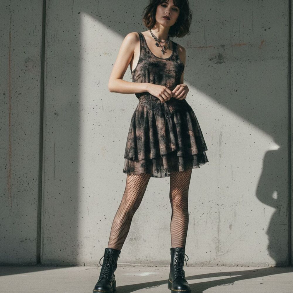 Free People Black and Brown Tiered Mini Dress